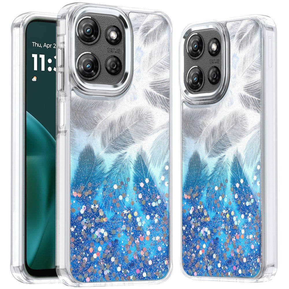 For Moto G Stylus 2025 Case Feathers Glitter Epoxy Phone Cover + Tempered Glass