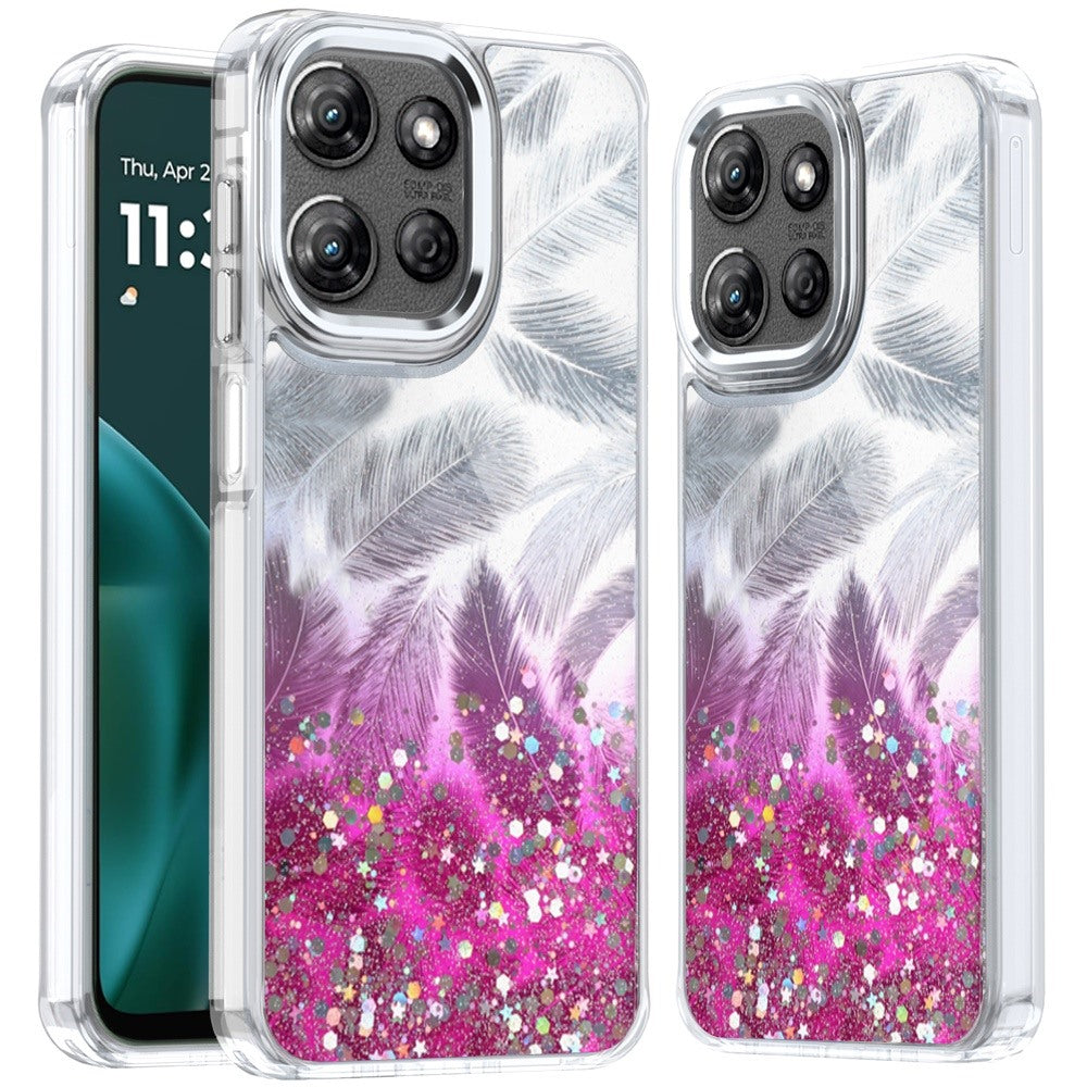 For Moto G Stylus 2025 Case Feathers Glitter Epoxy Phone Cover + Tempered Glass
