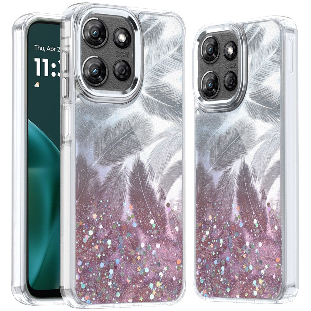 For Moto G Stylus 2025 Case Feathers Glitter Epoxy Phone Cover + Tempered Glass