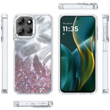 For Moto G Stylus 2025 Case Feathers Glitter Epoxy Phone Cover + Tempered Glass