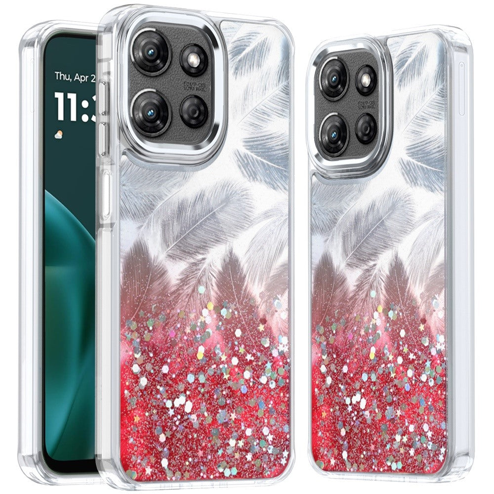 For Moto G Stylus 2025 Case Feathers Glitter Epoxy Phone Cover + Tempered Glass