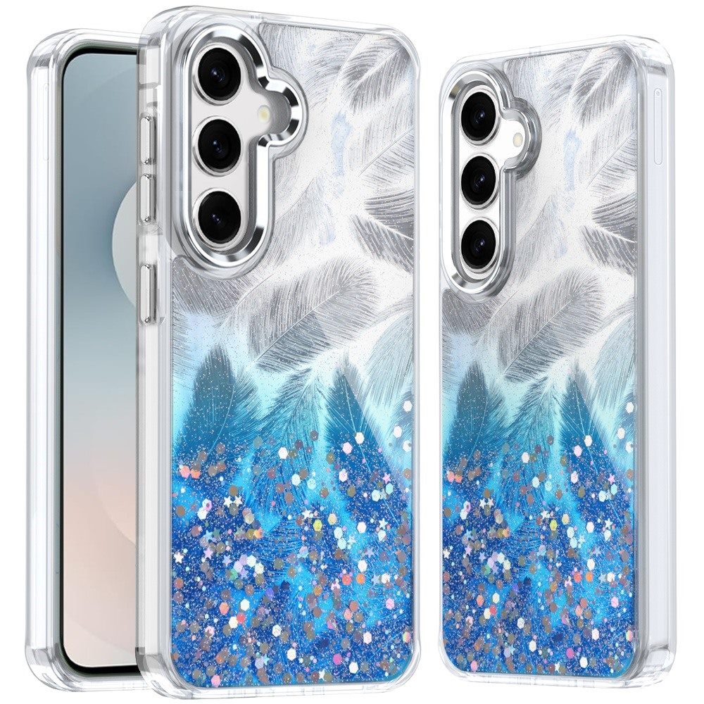 For Samsung S25 FE Case Feathers Glitter Epoxy Cute Phone Cover + Tempered Glass