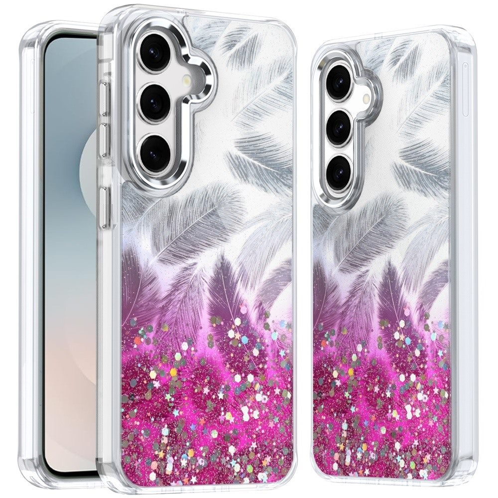 For Samsung S25 FE Case Feathers Glitter Epoxy Cute Phone Cover + Tempered Glass