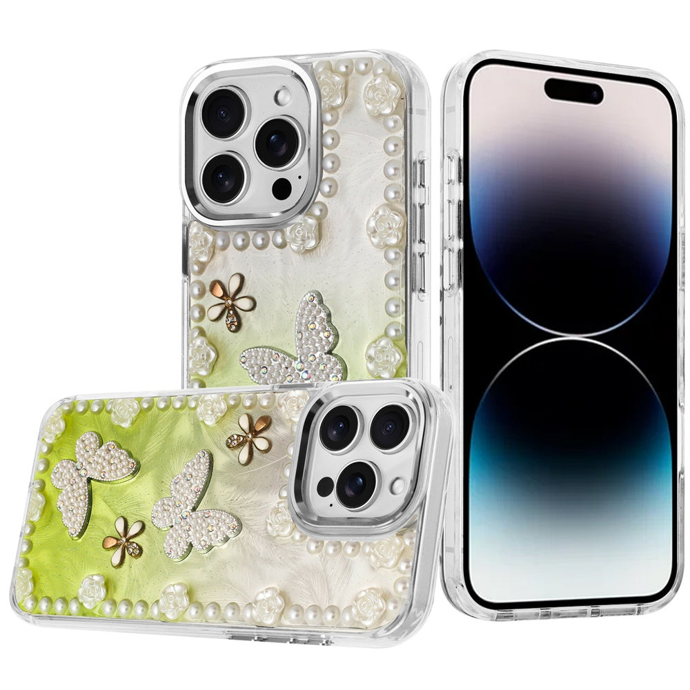 For iPhone 14 PRO MAX 6.7 in. Case Floral and Faux Pearl Trim with 3D Charms