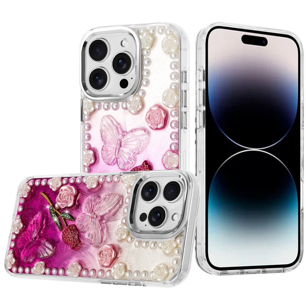 For iPhone 14 PRO MAX 6.7 in. Case Floral and Faux Pearl Trim with 3D Charms