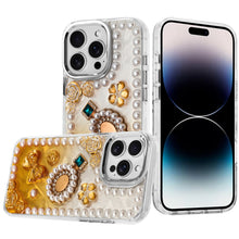 For iPhone 14 PRO MAX 6.7 in. Case Floral and Faux Pearl Trim with 3D Charms