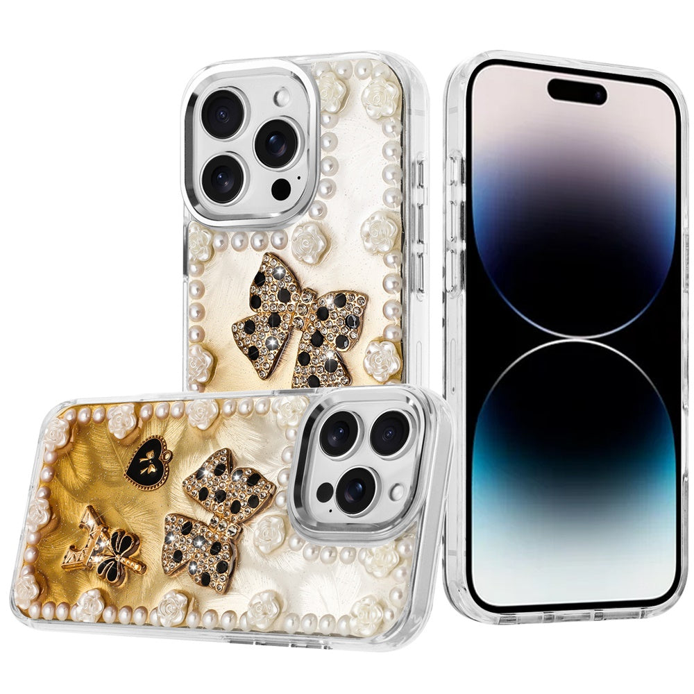 For iPhone 14 PRO MAX 6.7 in. Case Floral and Faux Pearl Trim with 3D Charms