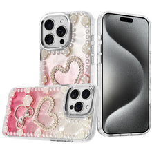 For iPhone 15 Pro Max5 Case Floral Faux Pearl Trim 3D Charms + 2 Tempered Glass