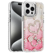 For iPhone 15 Pro Max5 Case Floral Faux Pearl Trim 3D Charms + 2 Tempered Glass