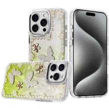 For iPhone 15 Pro Max5 Case Floral Faux Pearl Trim 3D Charms + 2 Tempered Glass