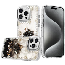 For iPhone 15 Pro Max5 Case Floral Faux Pearl Trim 3D Charms + 2 Tempered Glass