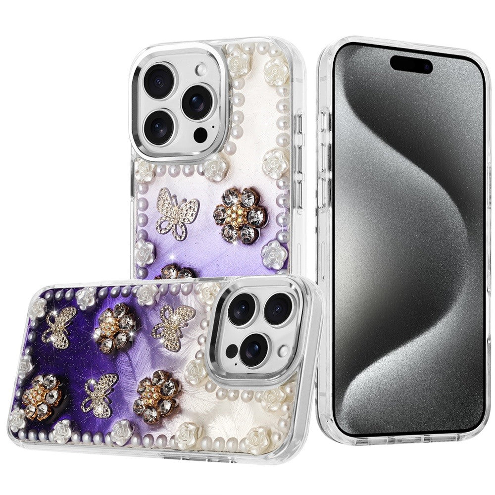 For iPhone 15 Pro Max5 Case Floral Faux Pearl Trim 3D Charms + 2 Tempered Glass