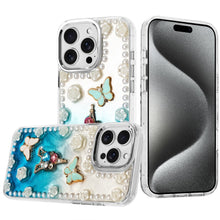 For iPhone 15 Pro Max5 Case Floral Faux Pearl Trim 3D Charms + 2 Tempered Glass