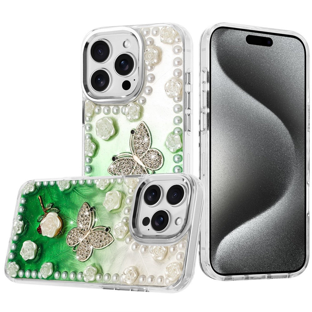For iPhone 15 Pro Max5 Case Floral Faux Pearl Trim 3D Charms + 2 Tempered Glass