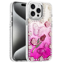 For iPhone 15 Pro Max5 Case Floral Faux Pearl Trim 3D Charms + 2 Tempered Glass