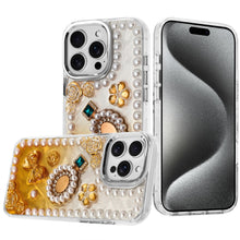 For iPhone 15 Pro Max5 Case Floral Faux Pearl Trim 3D Charms + 2 Tempered Glass