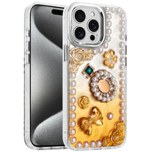 For iPhone 15 Pro Max5 Case Floral Faux Pearl Trim 3D Charms + 2 Tempered Glass