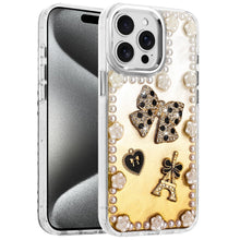 For iPhone 15 Pro Max5 Case Floral Faux Pearl Trim 3D Charms + 2 Tempered Glass