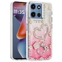 For Moto G 2025 Case Floral and Faux Pearl Trim w/ 3D Charms + Tempered Glass