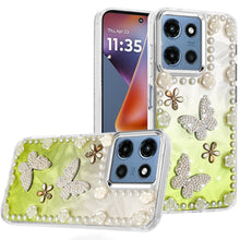 For Moto G 2025 Case Floral and Faux Pearl Trim w/ 3D Charms + Tempered Glass