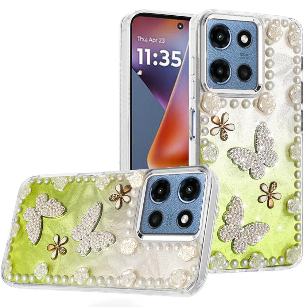 For Moto G 2025 Case Floral and Faux Pearl Trim w/ 3D Charms + Tempered Glass