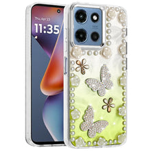 For Moto G 2025 Case Floral and Faux Pearl Trim w/ 3D Charms + Tempered Glass
