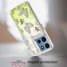 For Moto G 2025 Case Floral and Faux Pearl Trim w/ 3D Charms + Tempered Glass