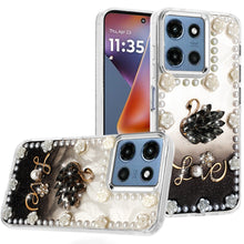 For Moto G 2025 Case Floral and Faux Pearl Trim w/ 3D Charms + Tempered Glass