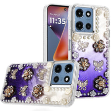 For Moto G 2025 Case Floral and Faux Pearl Trim w/ 3D Charms + Tempered Glass