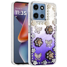 For Moto G 2025 Case Floral and Faux Pearl Trim w/ 3D Charms + Tempered Glass