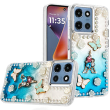 For Moto G 2025 Case Floral and Faux Pearl Trim w/ 3D Charms + Tempered Glass