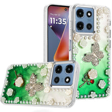 For Moto G 2025 Case Floral and Faux Pearl Trim w/ 3D Charms + Tempered Glass
