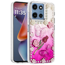 For Moto G 2025 Case Floral and Faux Pearl Trim w/ 3D Charms + Tempered Glass