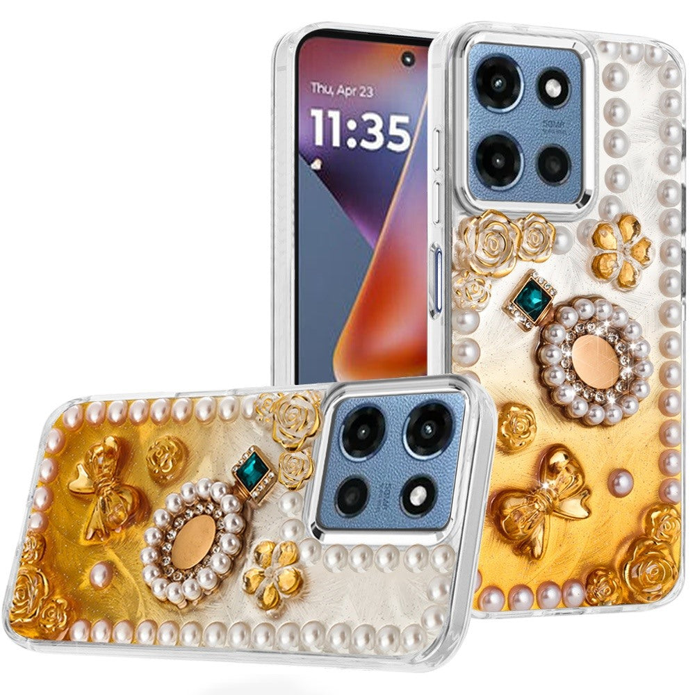 For Moto G 2025 Case Floral and Faux Pearl Trim w/ 3D Charms + Tempered Glass