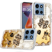 For Moto G 2025 Case Floral and Faux Pearl Trim w/ 3D Charms + Tempered Glass