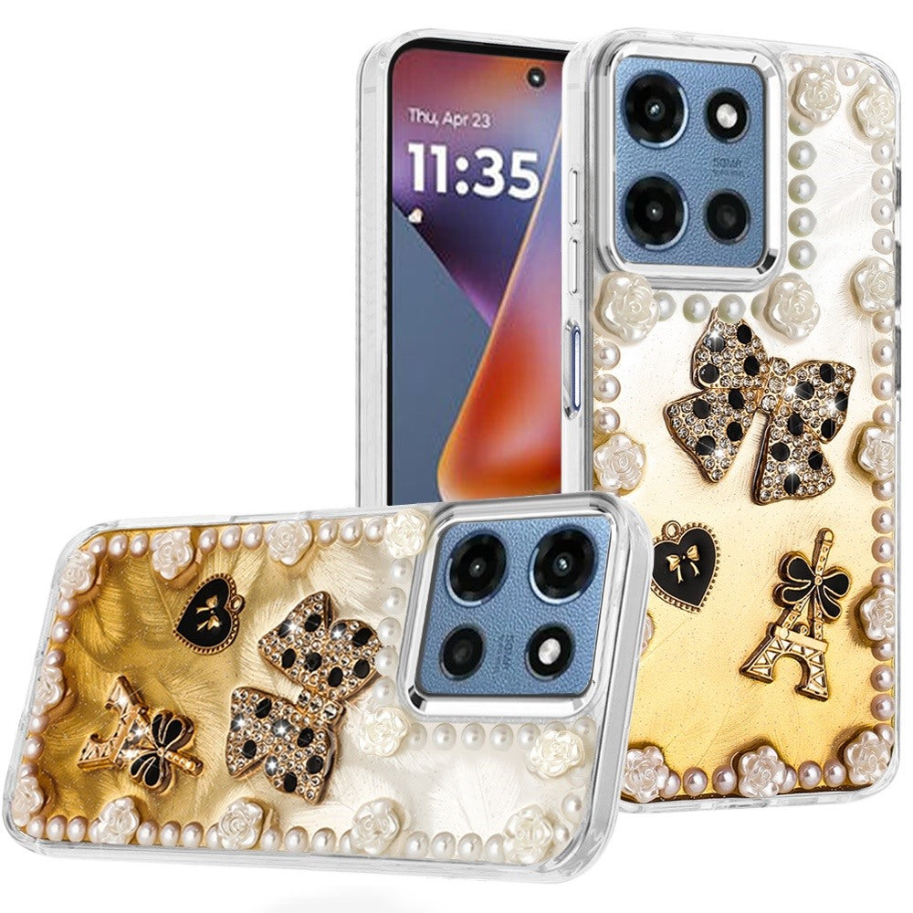 For Moto G 2025 Case Floral and Faux Pearl Trim w/ 3D Charms + Tempered Glass