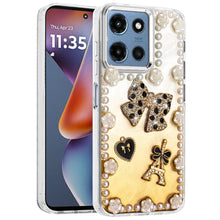 For Moto G 2025 Case Floral and Faux Pearl Trim w/ 3D Charms + Tempered Glass