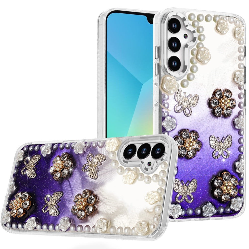 For Samsung A16 5G Case Floral and Faux Pearl Trim w/ 3D Charms + Tempered Glass