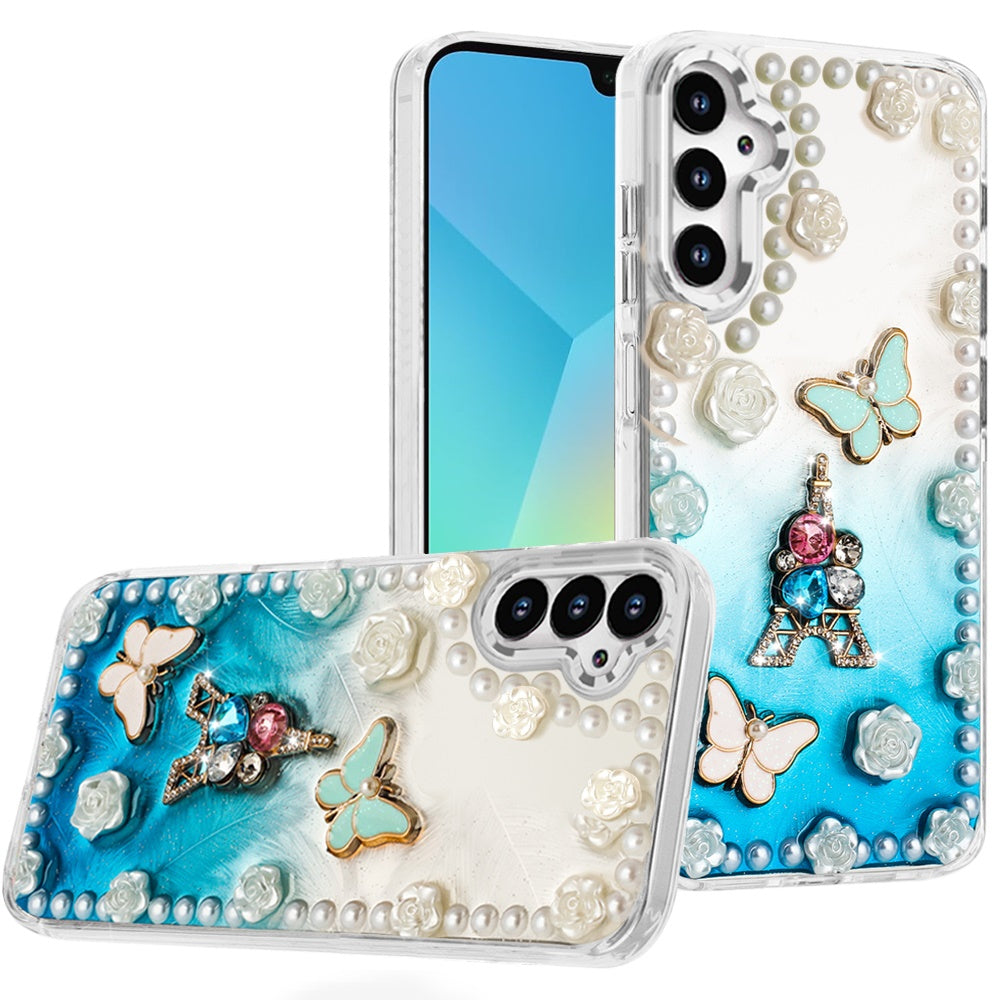 For Samsung A16 5G Case Floral and Faux Pearl Trim w/ 3D Charms + Tempered Glass