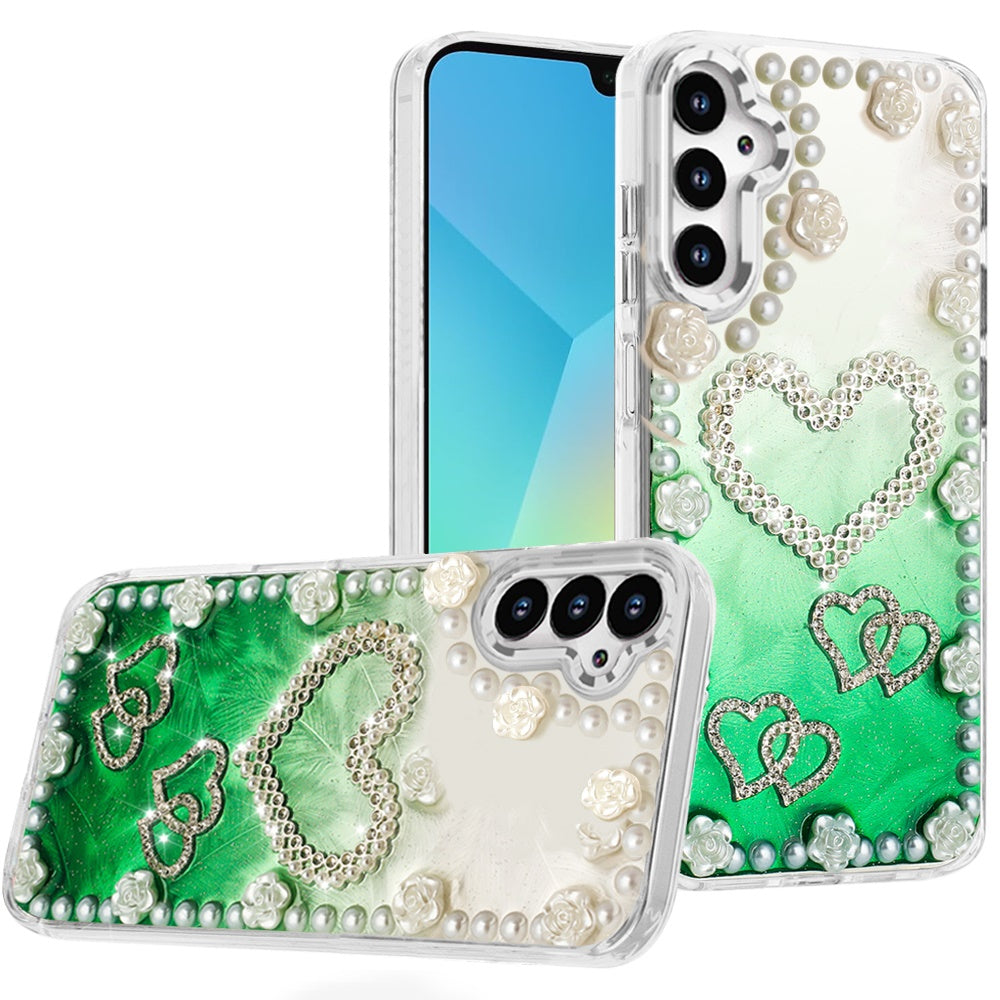 For Samsung A16 5G Case Floral and Faux Pearl Trim w/ 3D Charms + Tempered Glass