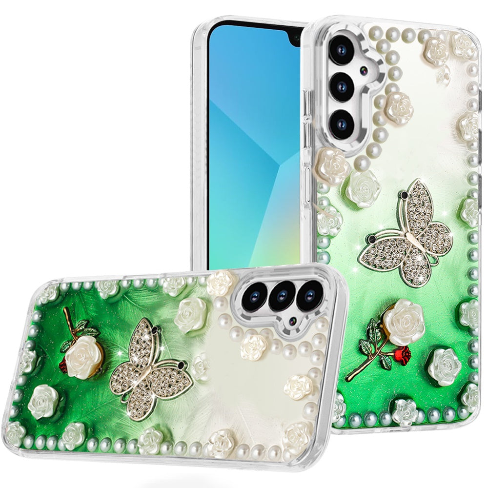 For Samsung A16 5G Case Floral and Faux Pearl Trim w/ 3D Charms + Tempered Glass