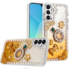 For Samsung A16 5G Case Floral and Faux Pearl Trim w/ 3D Charms + Tempered Glass