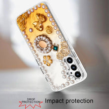 For Samsung A16 5G Case Floral and Faux Pearl Trim w/ 3D Charms + Tempered Glass