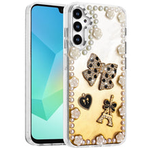 For Samsung A16 5G Case Floral and Faux Pearl Trim w/ 3D Charms + Tempered Glass