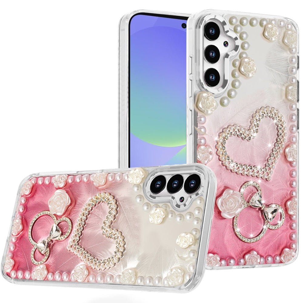 For Samsung A36 Case Floral and Faux Pearl Trim with 3D Charms + Tempered Glass