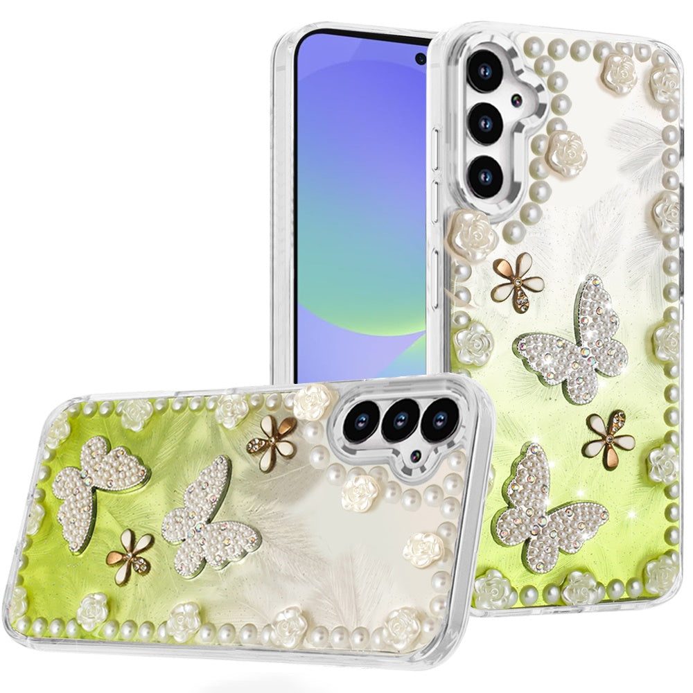 For Samsung A36 Case Floral and Faux Pearl Trim with 3D Charms + Tempered Glass