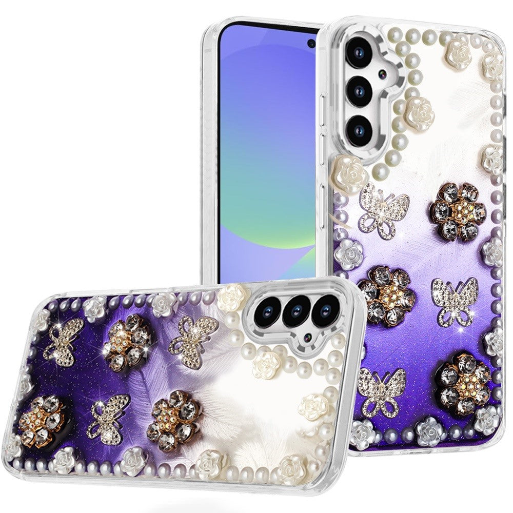 For Samsung A36 Case Floral and Faux Pearl Trim with 3D Charms + Tempered Glass