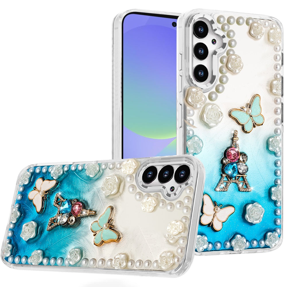 For Samsung A36 Case Floral and Faux Pearl Trim with 3D Charms + Tempered Glass