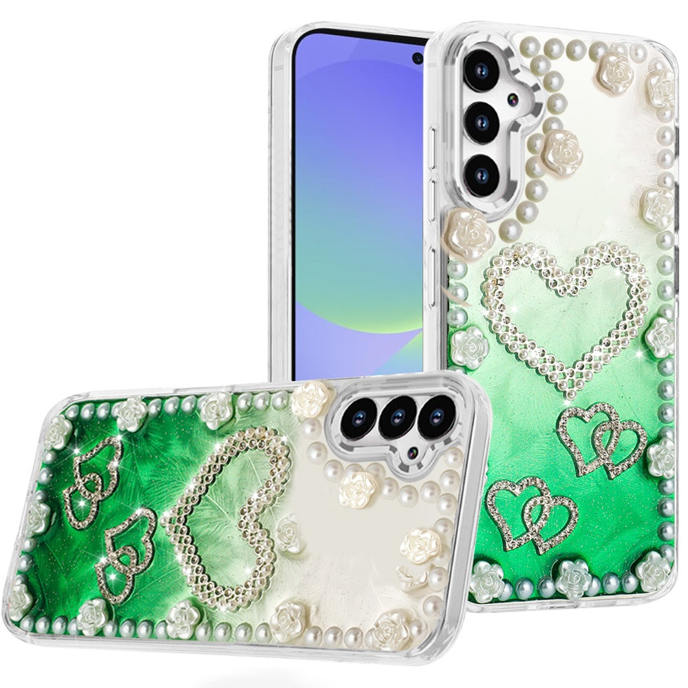 For Samsung A36 Case Floral and Faux Pearl Trim with 3D Charms + Tempered Glass