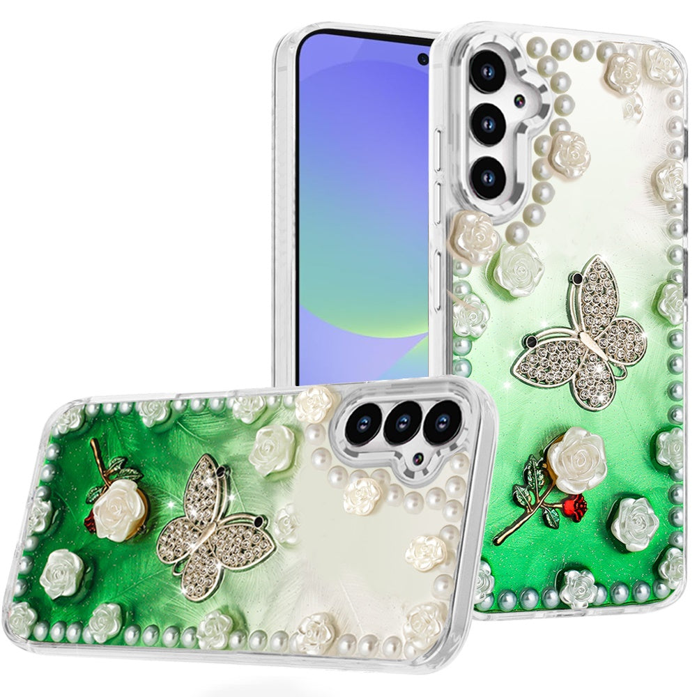 For Samsung A36 Case Floral and Faux Pearl Trim with 3D Charms + Tempered Glass